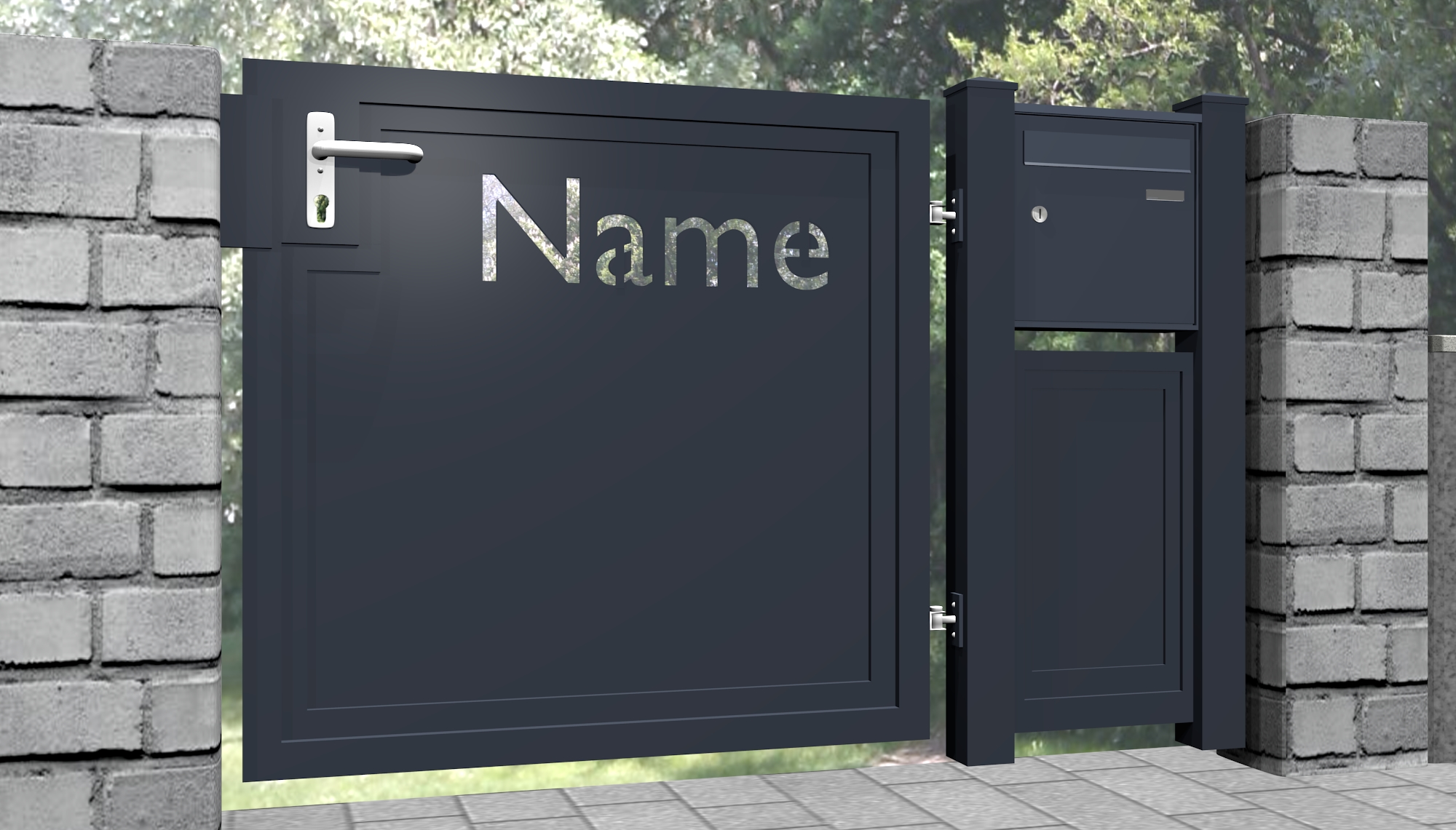 Gartentor Sichtschutz Alu "Ihr Name" mit Briefkasten 2flg metallbau